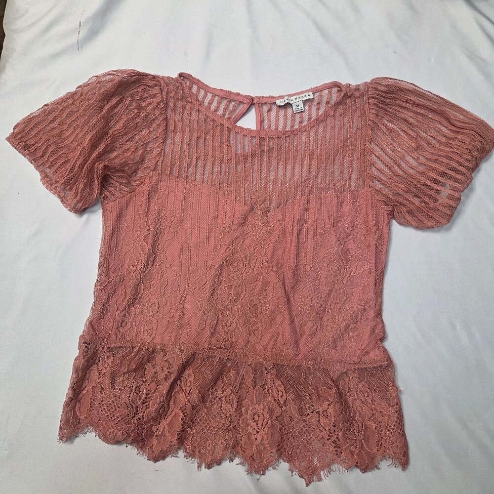 Haute Monde-Chic Boho Lace Blouse Medium Cropped Romantic Rose, Sheer & Flow